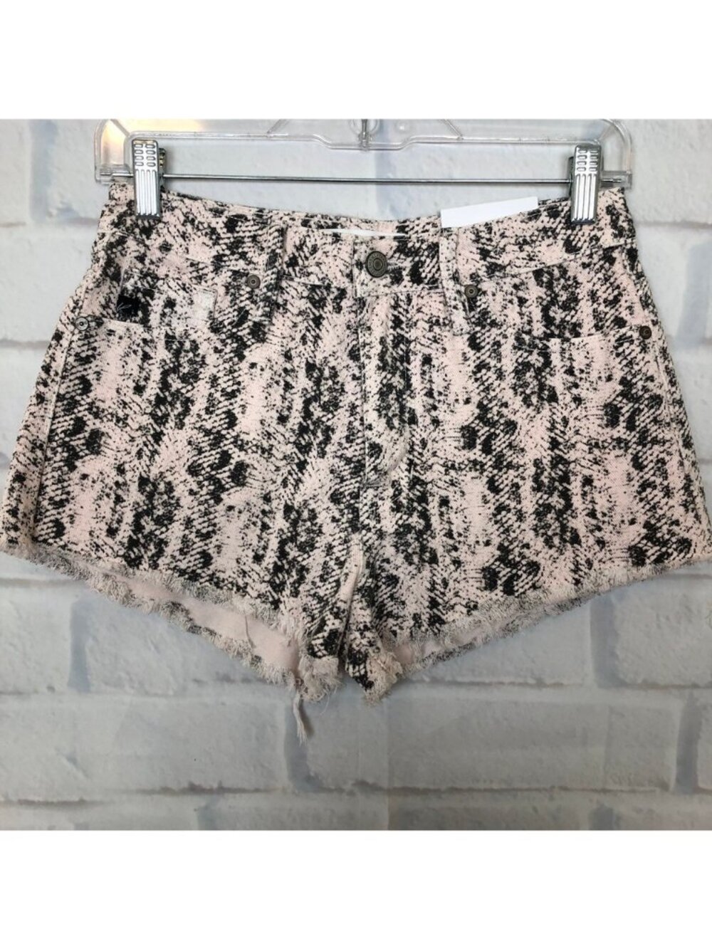 NWT Kancan High Rise Denim Shorts Size XS Pink Python Print Frayed Hem